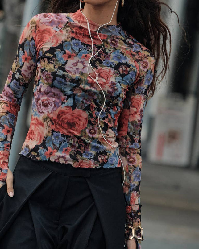 Black Floral-Print Mesh Top