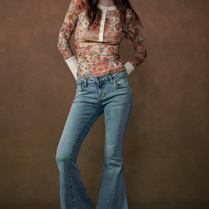 Cream Floral-Print Henley Top