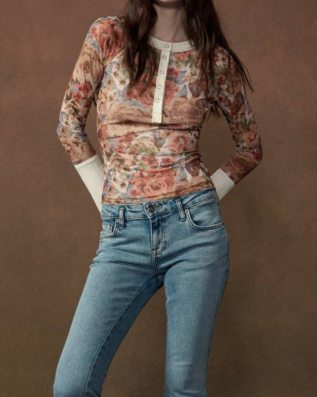 Cream Floral-Print Henley Top