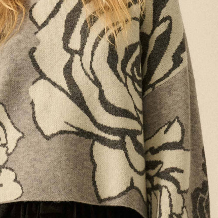 Grey/Black Rose Floral Jacquard Sweater - Shop Simply Apparel