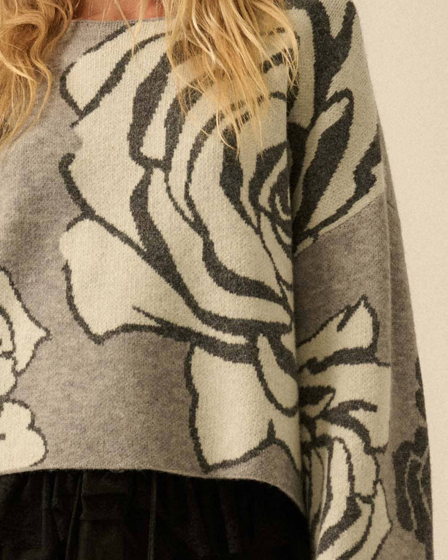Grey/Black Rose Floral Jacquard Sweater - Shop Simply Apparel