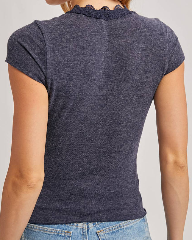 Navy Lace Trimmed Knit Top