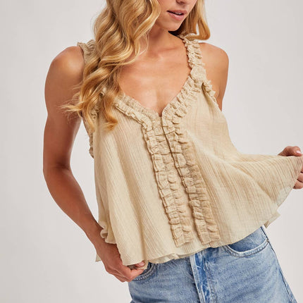 Sand Gathered V-Neck Flowy Top