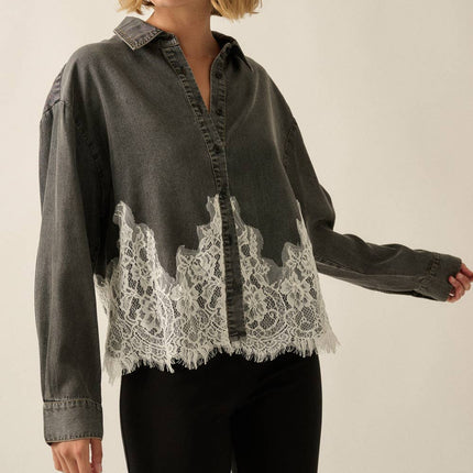 Black Chambray Lace Appliqué Shirt