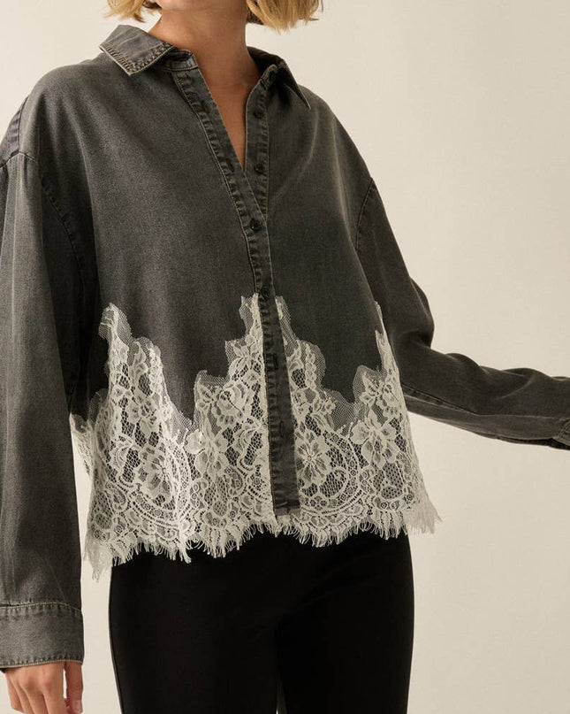 Black Chambray Lace Appliqué Shirt