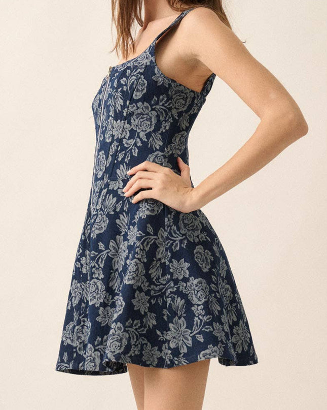 Floral Jacquard Denim Zip-Up Dress - Shop Simply Apparel