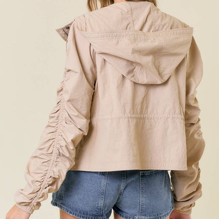 Beige Cinched Sleeve Lightweight Hooded Jacket