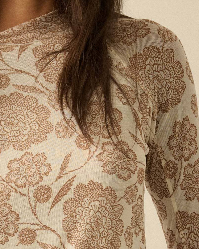 Cream Floral-Print Mesh Top - Shop Simply Apparel
