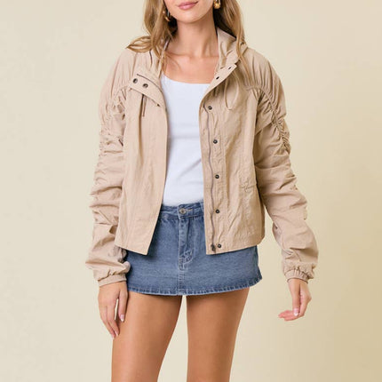 Beige Cinched Sleeve Lightweight Hooded Jacket