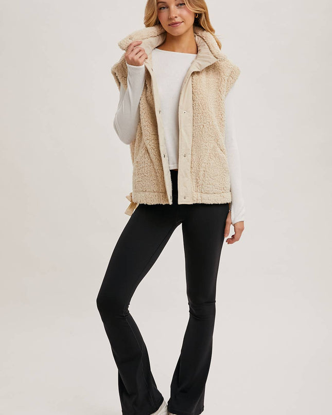 Beige Mock Neck Fleece Sherpa Vest - Shop Simply Apparel