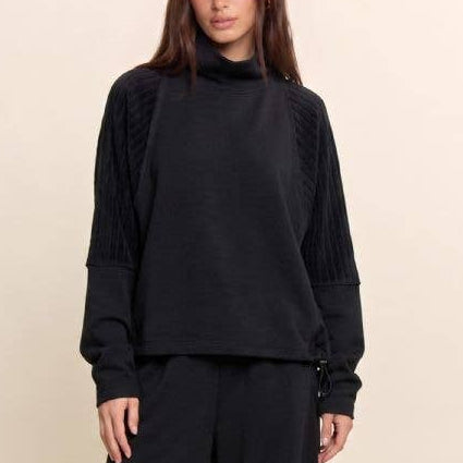 Black Mixed Media Mock Neck Top