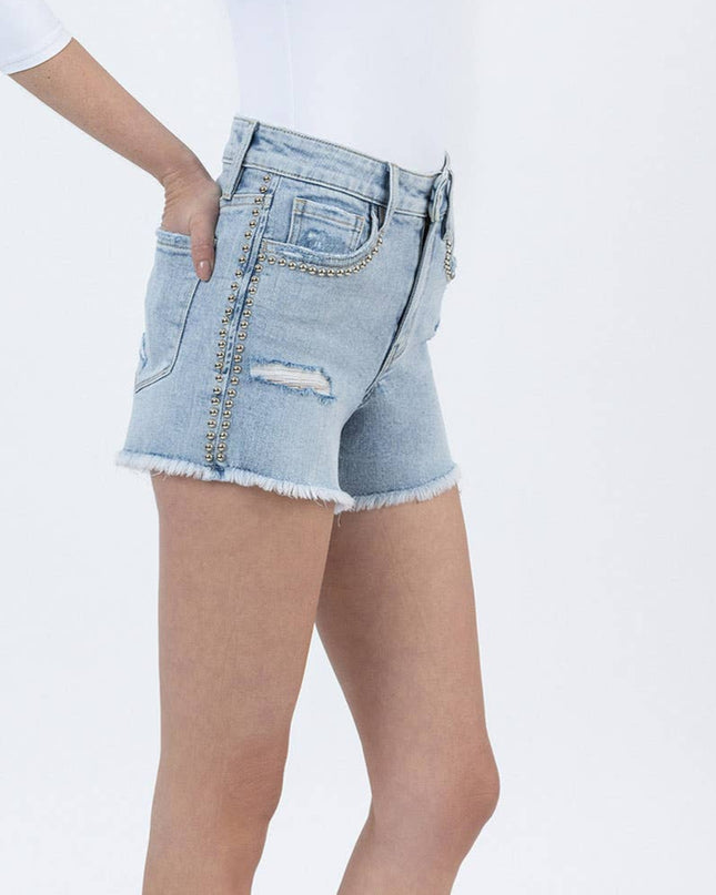 High Rise Studded Denim Shorts