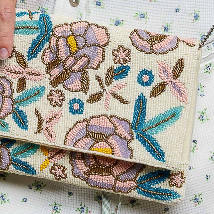 PRE-ORDER Floral Beaded Chain Strap Ivory Bag