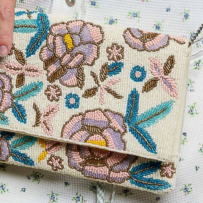 PRE-ORDER Floral Beaded Chain Strap Ivory Bag