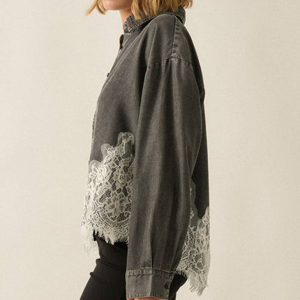 Black Chambray Lace Appliqué Shirt
