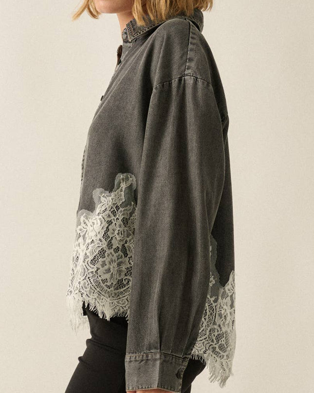 Black Chambray Lace Appliqué Shirt