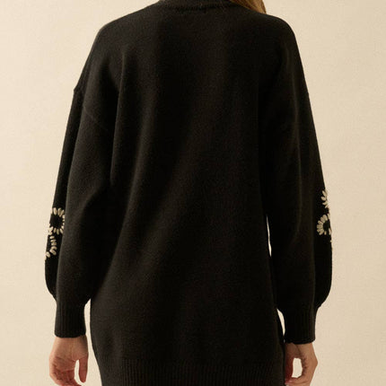 Black Floral Embroidered Mini Sweater Dress - Shop Simply Apparel