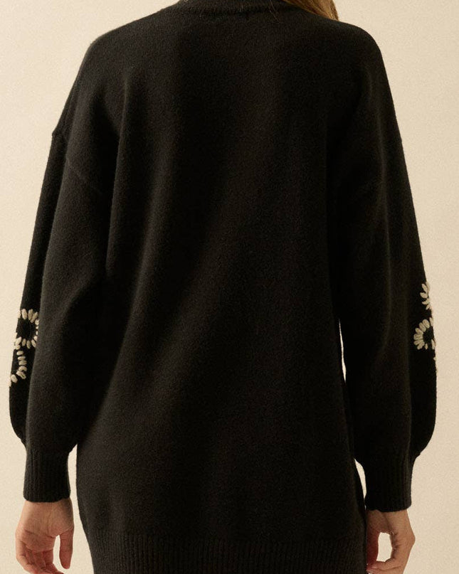 Black Floral Embroidered Mini Sweater Dress - Shop Simply Apparel