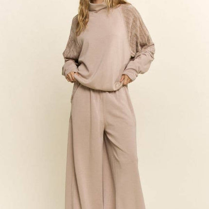 Beige Mixed Media Mock Neck Top
