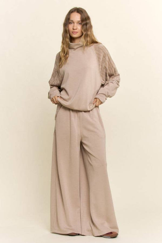 Beige Mixed Media Mock Neck Top