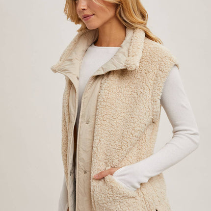 Beige Mock Neck Fleece Sherpa Vest - Shop Simply Apparel