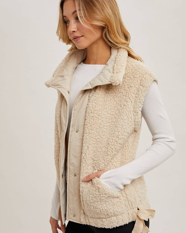 Beige Mock Neck Fleece Sherpa Vest - Shop Simply Apparel