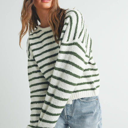 Ivory/Olive Striped Soft Knit Sweater - Shop Simply Apparel
