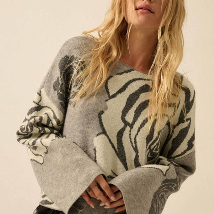 Grey/Black Rose Floral Jacquard Sweater - Shop Simply Apparel