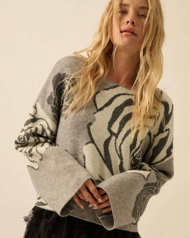 Grey/Black Rose Floral Jacquard Sweater - Shop Simply Apparel