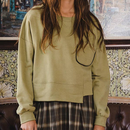 Olive Chest Pocket Semi Crop Sweatshirt