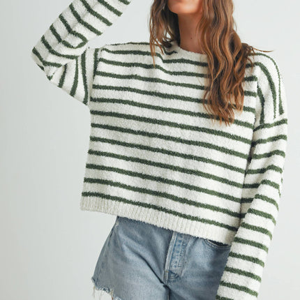 Ivory/Olive Striped Soft Knit Sweater - Shop Simply Apparel