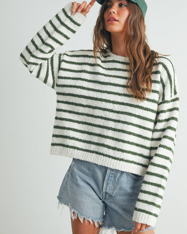 Ivory/Olive Striped Soft Knit Sweater - Shop Simply Apparel