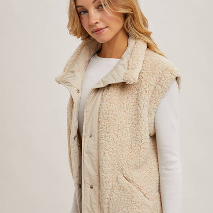 Beige Mock Neck Fleece Sherpa Vest - Shop Simply Apparel