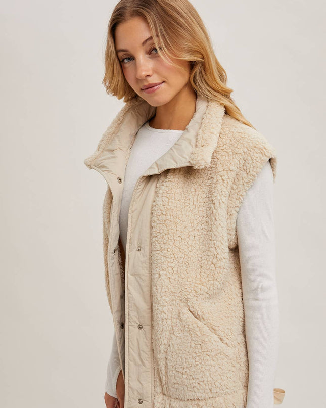 Beige Mock Neck Fleece Sherpa Vest - Shop Simply Apparel