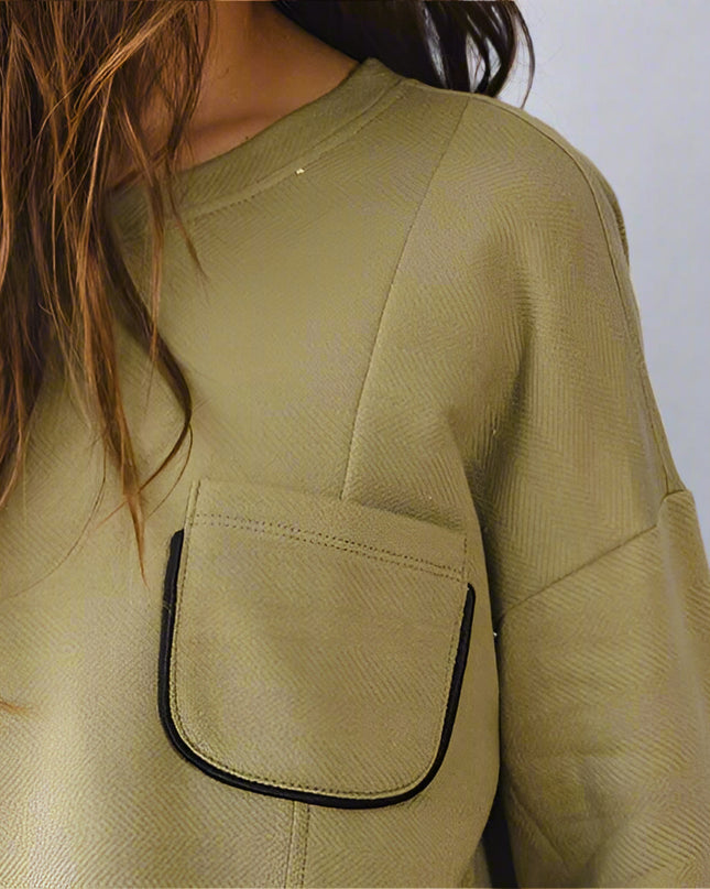 Olive Chest Pocket Semi Crop Sweatshirt - Shop Simply Apparel