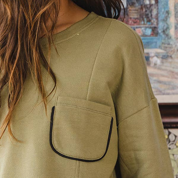 Olive Chest Pocket Semi Crop Sweatshirt