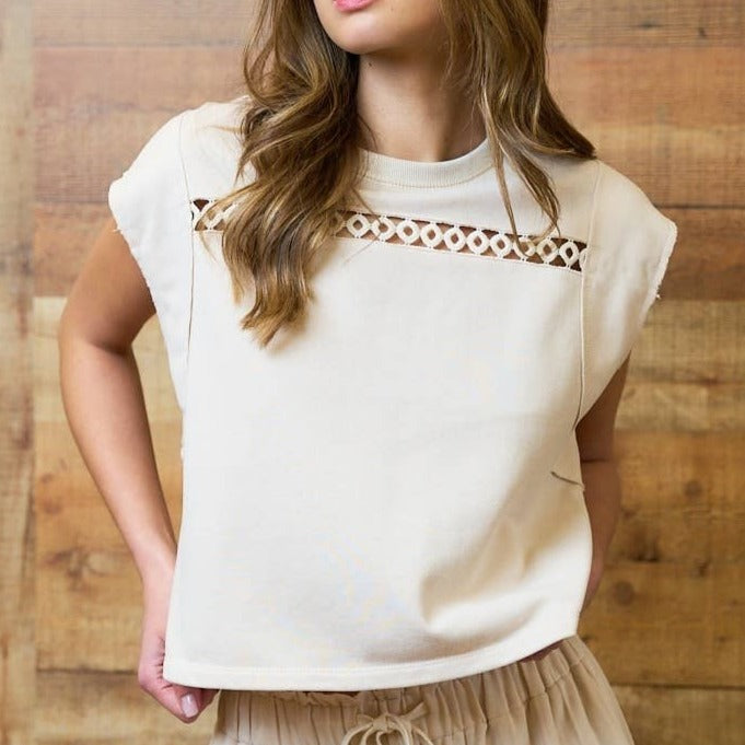 Beige Eyelet Knit Sleeveless Top