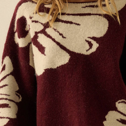 Burgundy Contrast Floral Sweater - Shop Simply Apparel