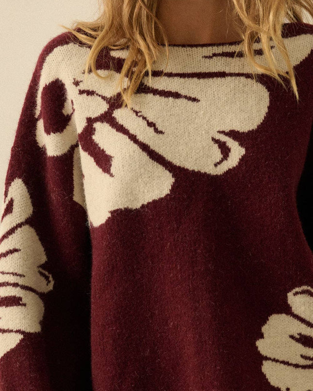 Burgundy Contrast Floral Sweater - Shop Simply Apparel