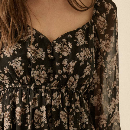 Black Floral Chiffon Babydoll Mini Dress - Shop Simply Apparel