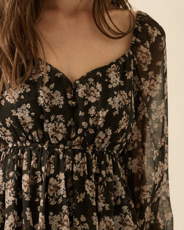 Black Floral Chiffon Babydoll Mini Dress - Shop Simply Apparel