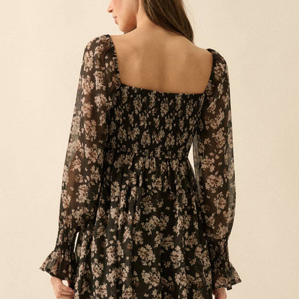 Black Floral Chiffon Babydoll Mini Dress - Shop Simply Apparel