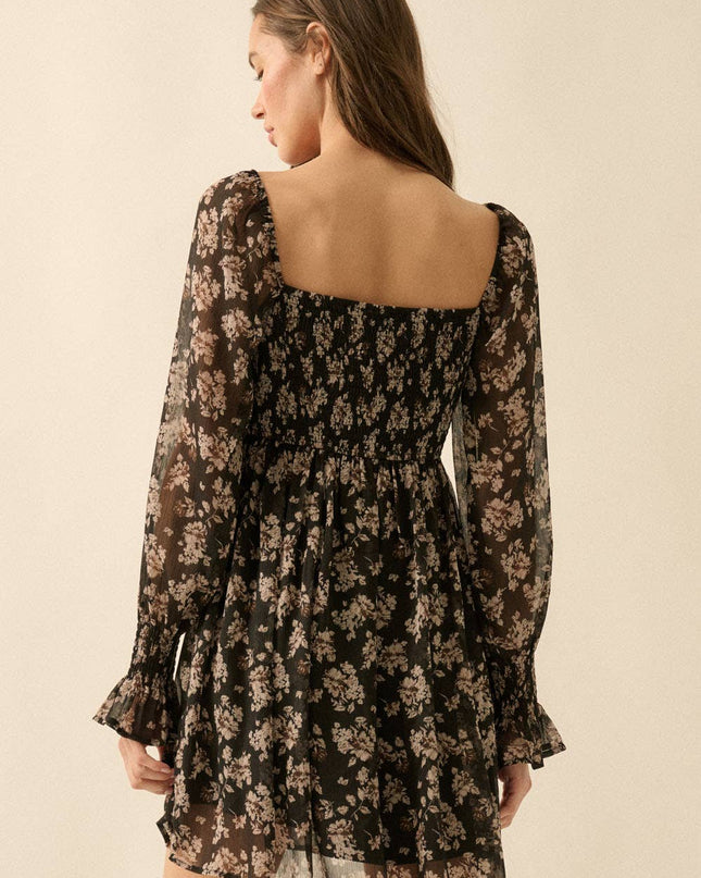 Black Floral Chiffon Babydoll Mini Dress - Shop Simply Apparel