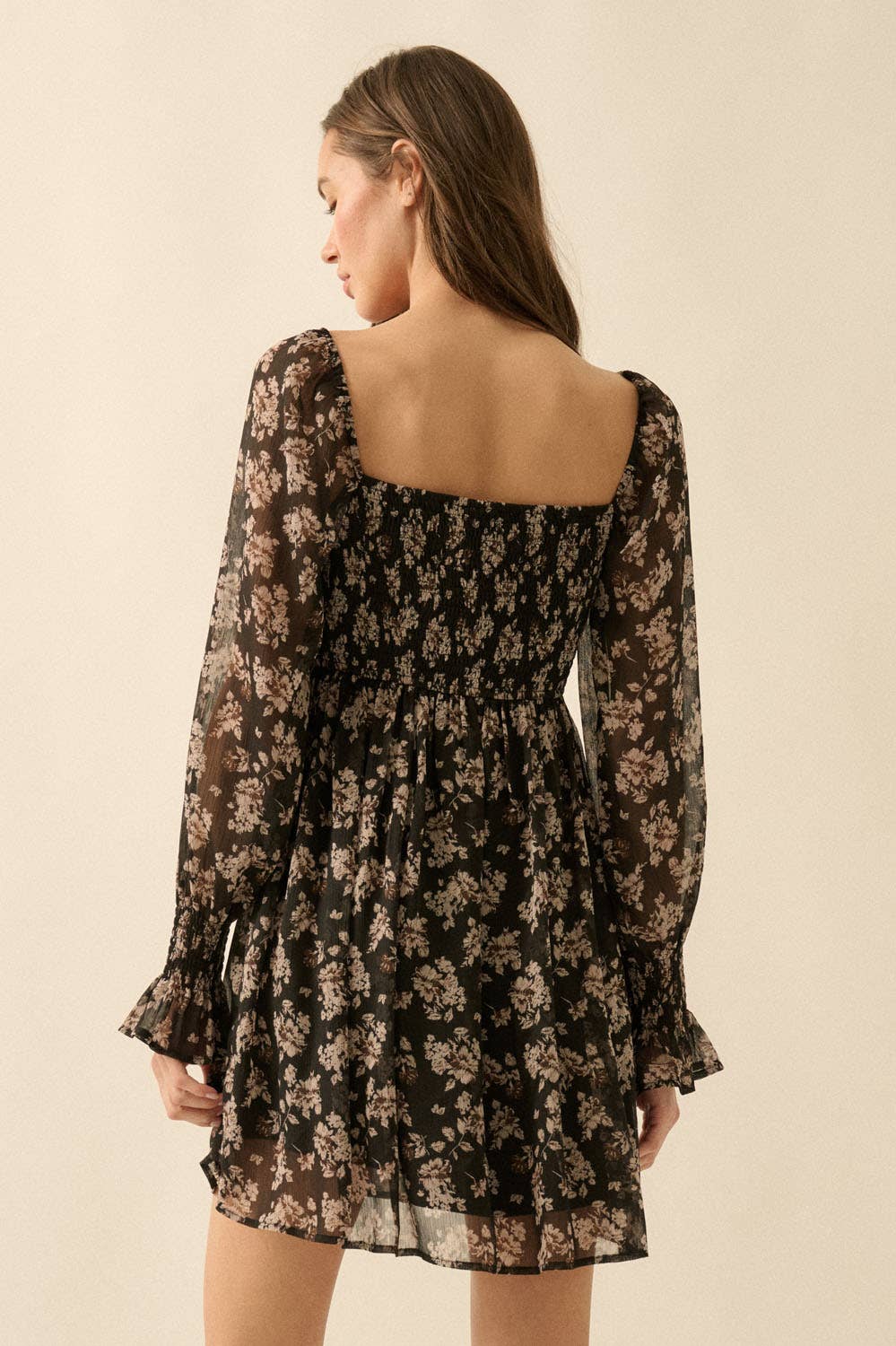 Black Floral Chiffon Babydoll Mini Dress Black Floral Chiffon Babydoll Mini Dress