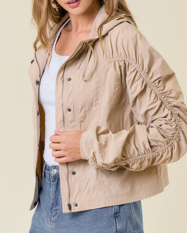 Beige Cinched Sleeve Lightweight Hooded Jacket - Shop Simply Apparel