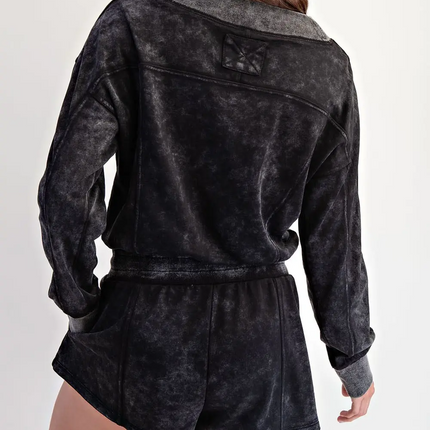 V-Neck Drawstring Waist Long Sleeve Romper
