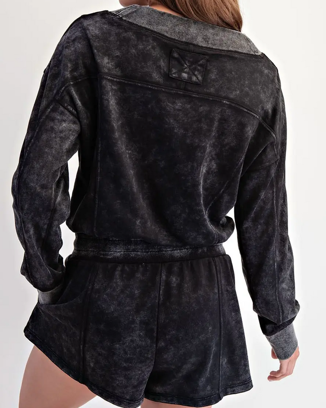 V-Neck Drawstring Waist Long Sleeve Romper