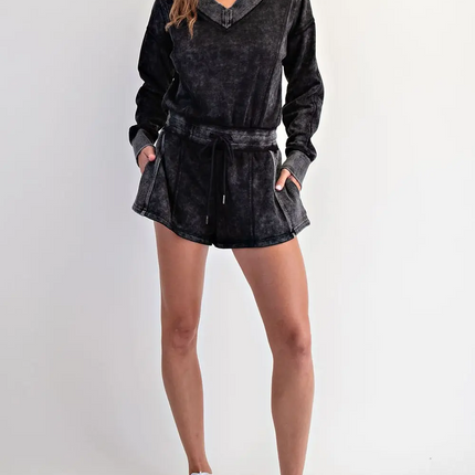 V-Neck Drawstring Waist Long Sleeve Romper