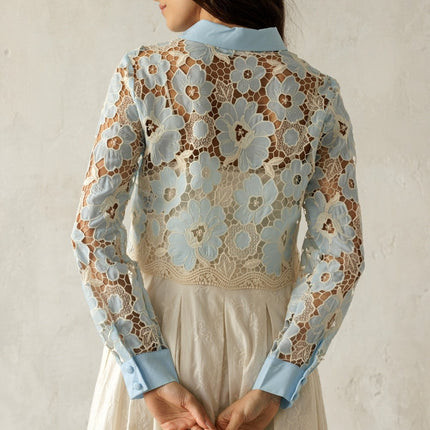 Baby Blue/Ivory Floral Lace Button Blouse