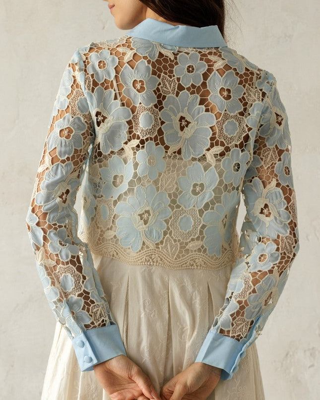 Baby Blue/Ivory Floral Lace Button Blouse